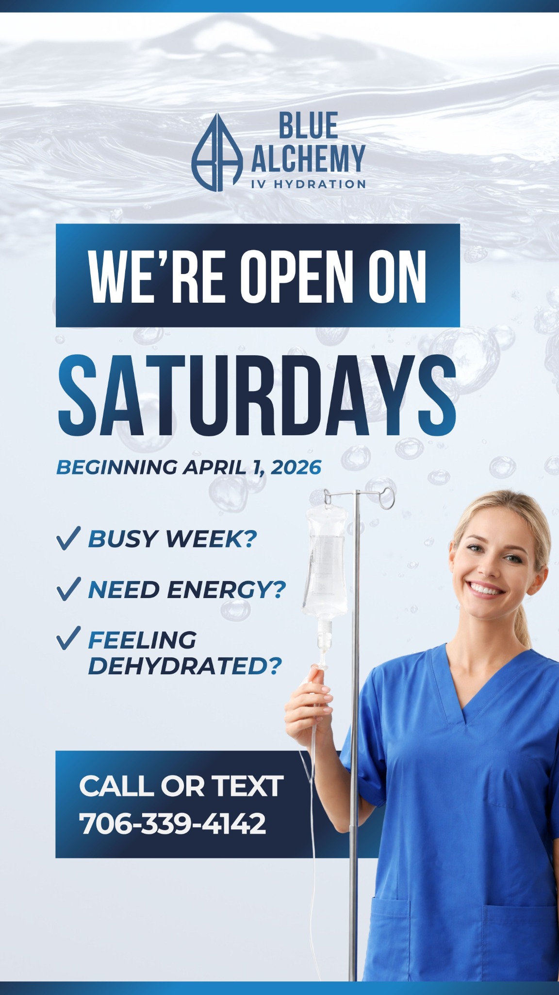 Blue Alchemy Hydration & Wellness Facebook ad: Open This Saturday