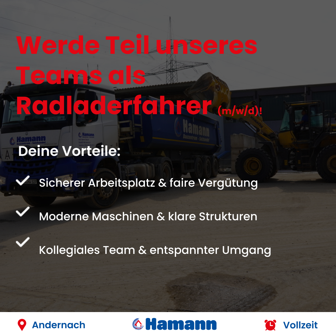 Hamann Bauzentren Facebook ad: Radladerfahrer (m/w/d) gesucht!
