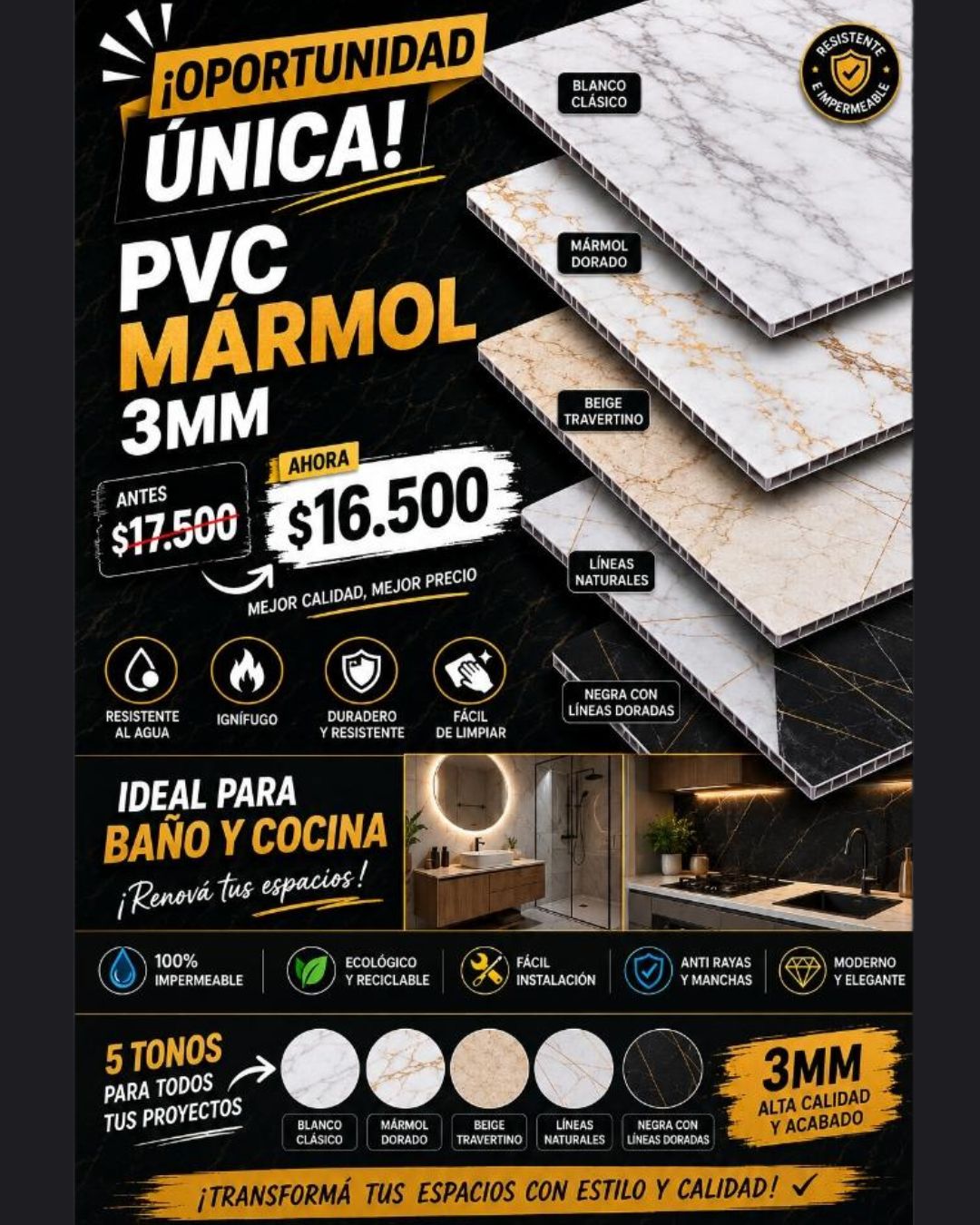 Ferreteria JyT Facebook ad: Planchas PVC Mármol disponibles