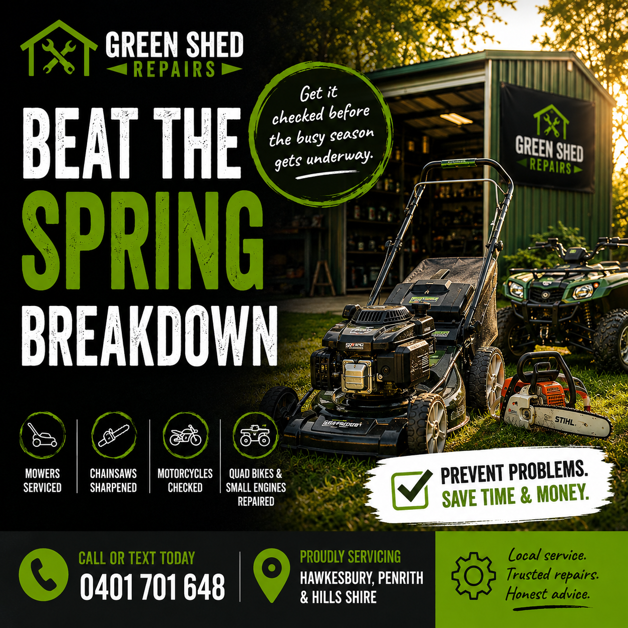 Green Shed Repairs Facebook ad: Beat the Spring Breakdown