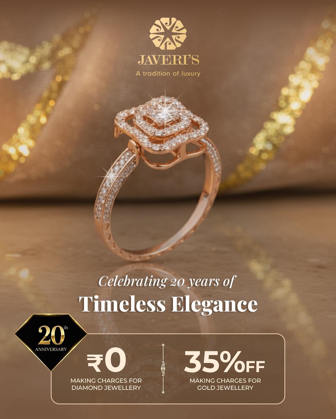 Javeri's-Jewellery, Watches and Pens Facebook ad: Mark 20 years of timeless elegance with us.