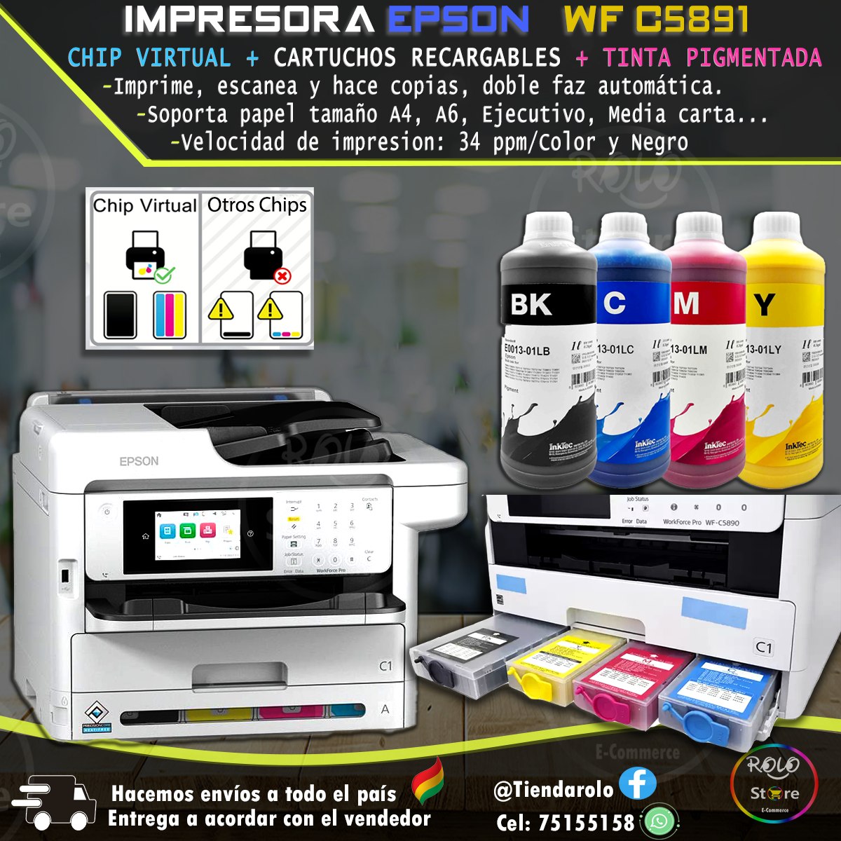 Rolo Store Facebook ad: **IMPRESORAS E INSUMOS DE ALTA CALIDAD**