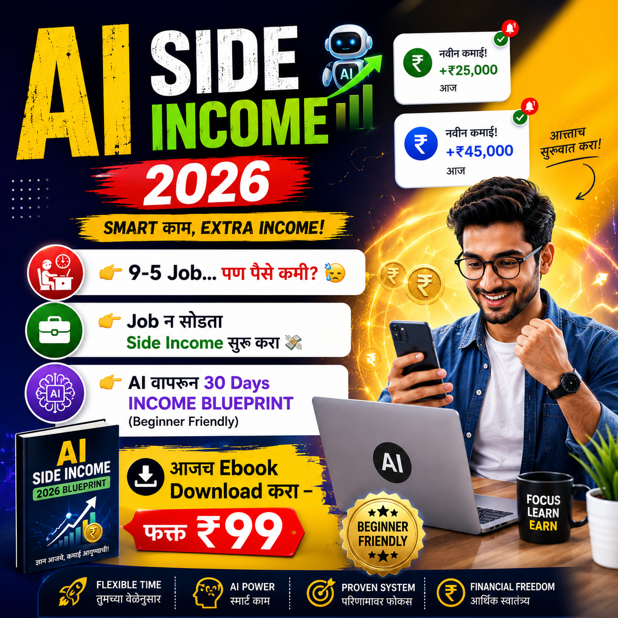 Stress Free Money Management Facebook ad: Download Now & Learn AI Side Income Step-by-Step -