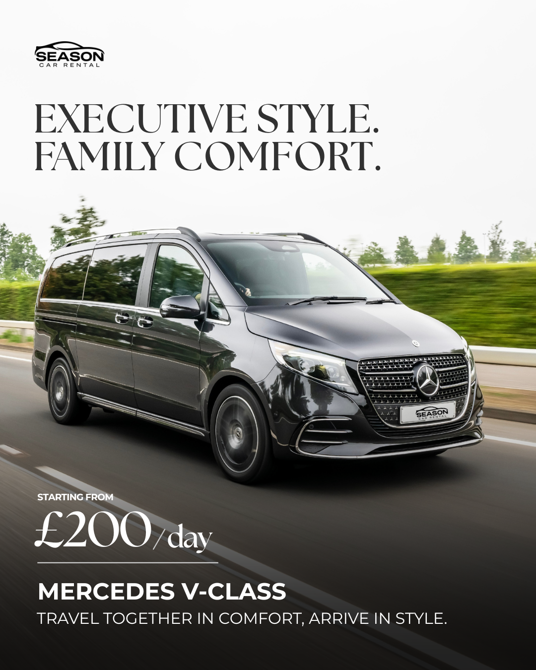 Season Car Rental Facebook ad: Hire Mercedes V-Class from £200/Day