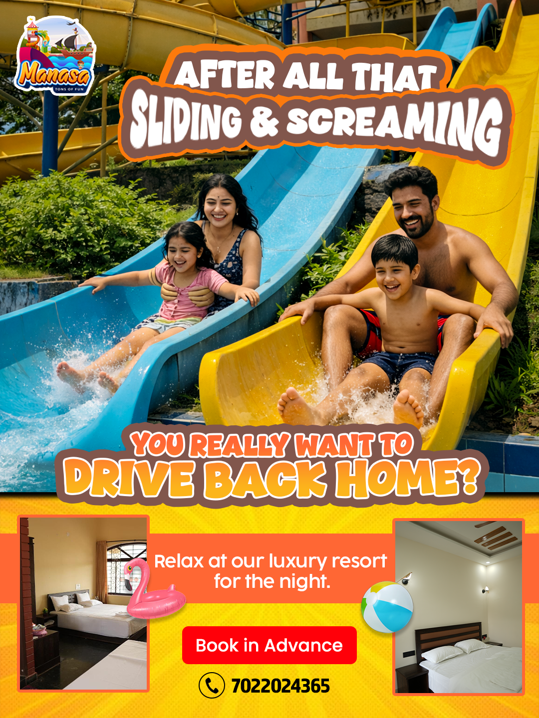 Manasa Water Park & Resorts Facebook ad: Stay Back and Enjoy At Manasa!