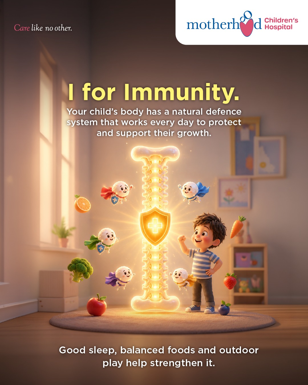 Motherhood Children's Hospital Facebook ad: Immunity is not something children are either born…