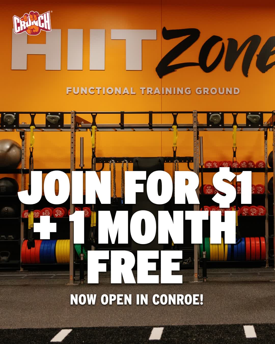 Crunch Fitness Facebook ad: Join Crunch for $1 + 1 Month Free