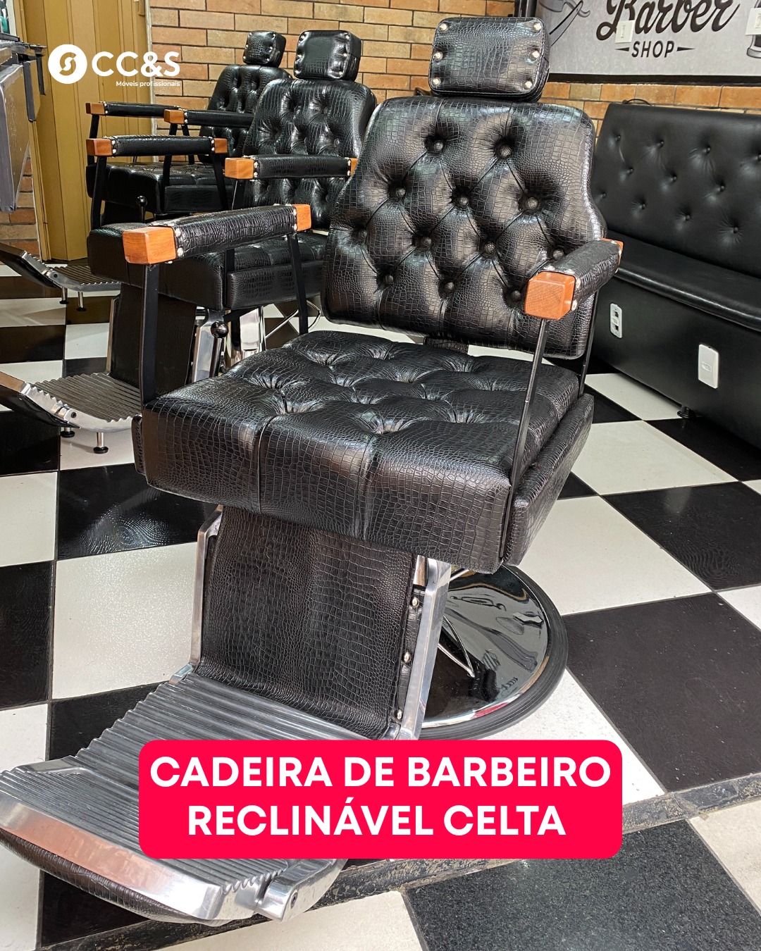 CC&S Móveis Profissionais Facebook ad: A Cadeira de Barbeiro Reclinável Celta possui um…