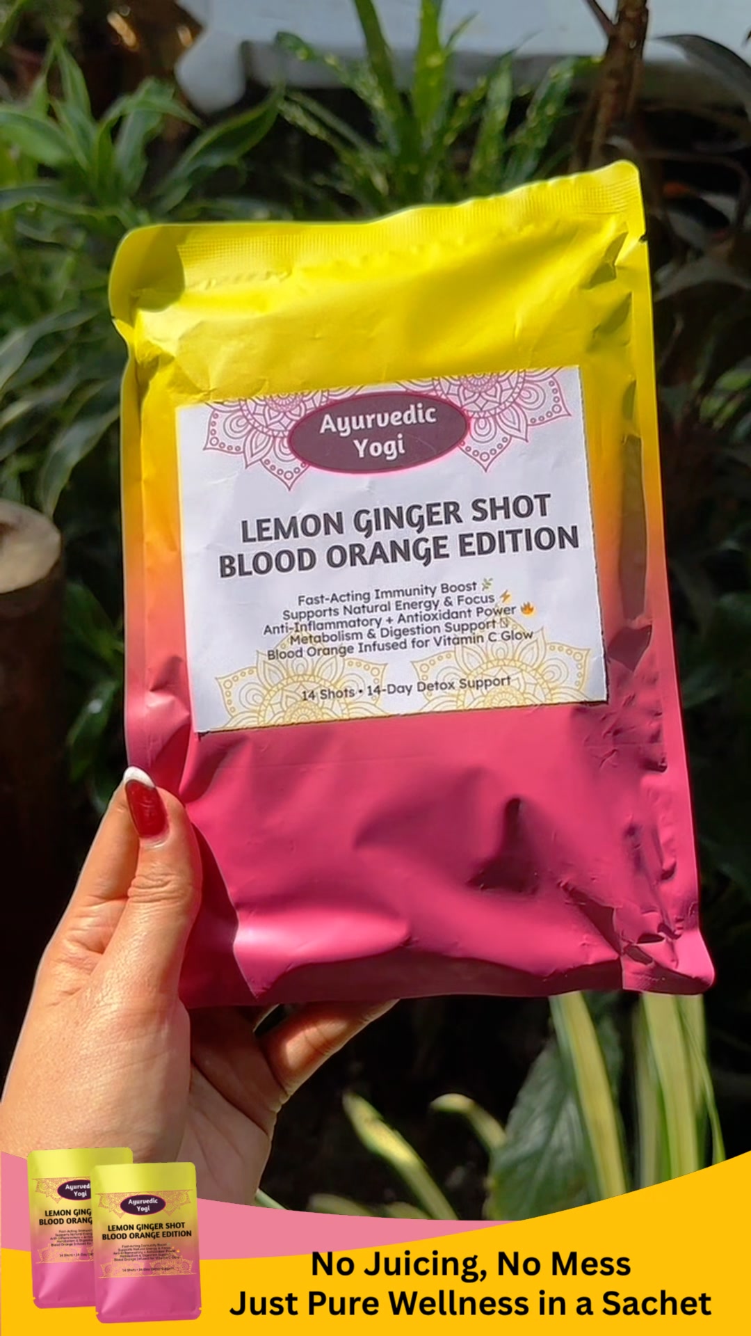 Lemon Ginger Shot Blood Orange Edition by Ayurvedic Yogi Facebook ad: The Daily Kickstart.