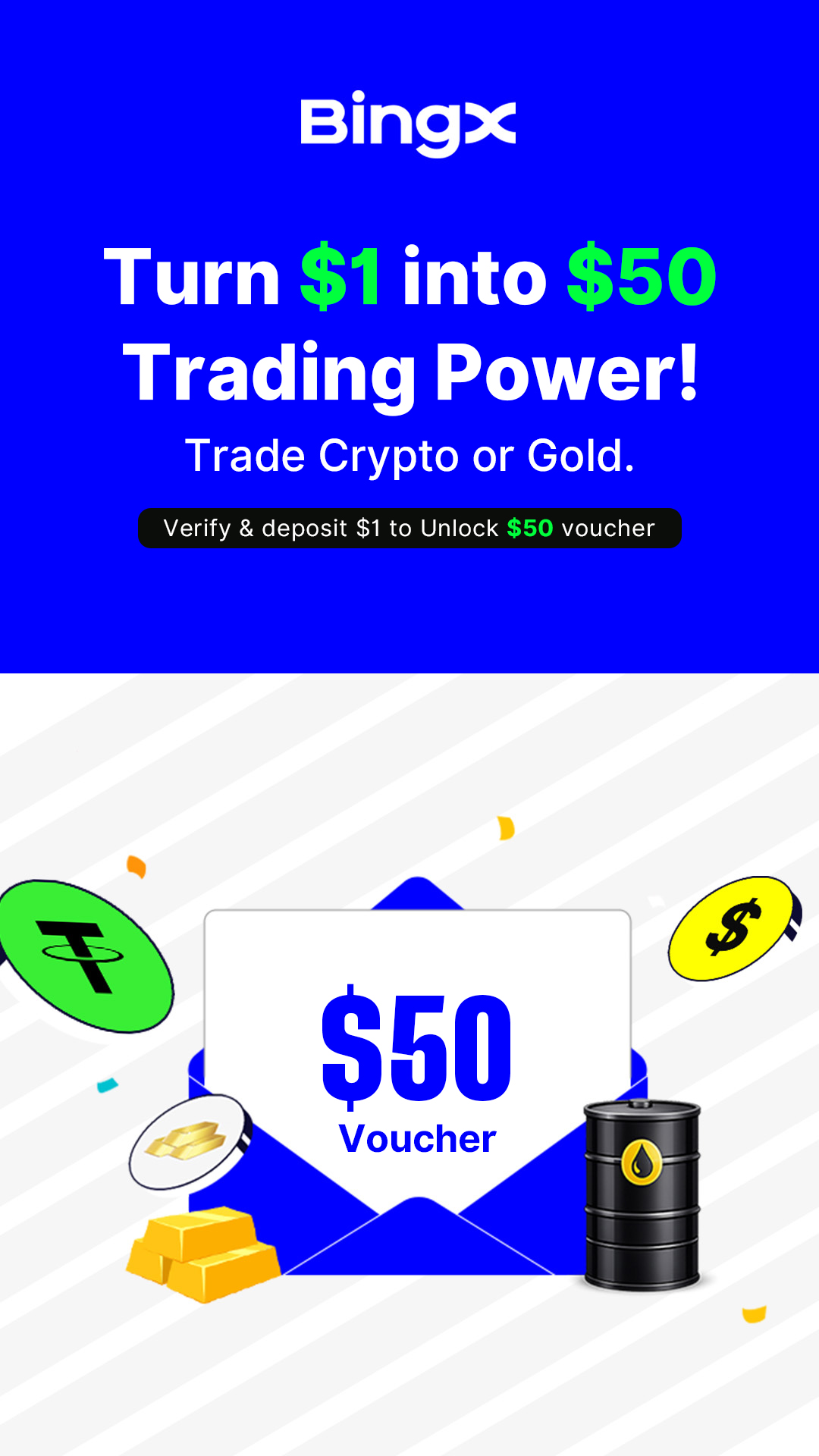 Bingx-Trade Crypto Facebook ad: New users can get up to $50 in welcome bonuses