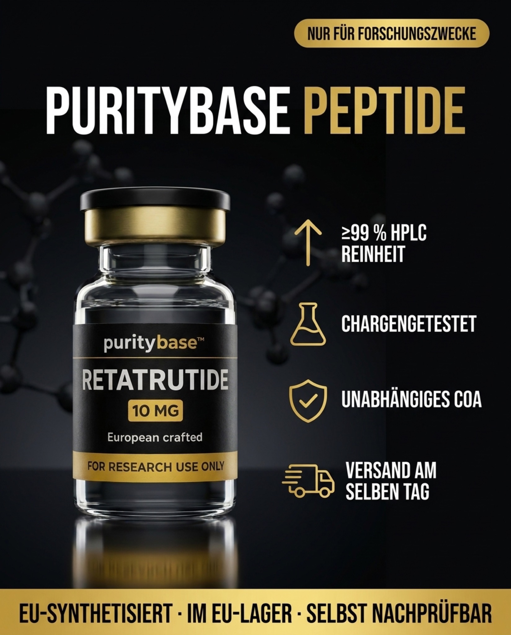 PurityBase Facebook ad: ≥99 % Reinheit. Unabhängig geprüft. Sofort lieferbar