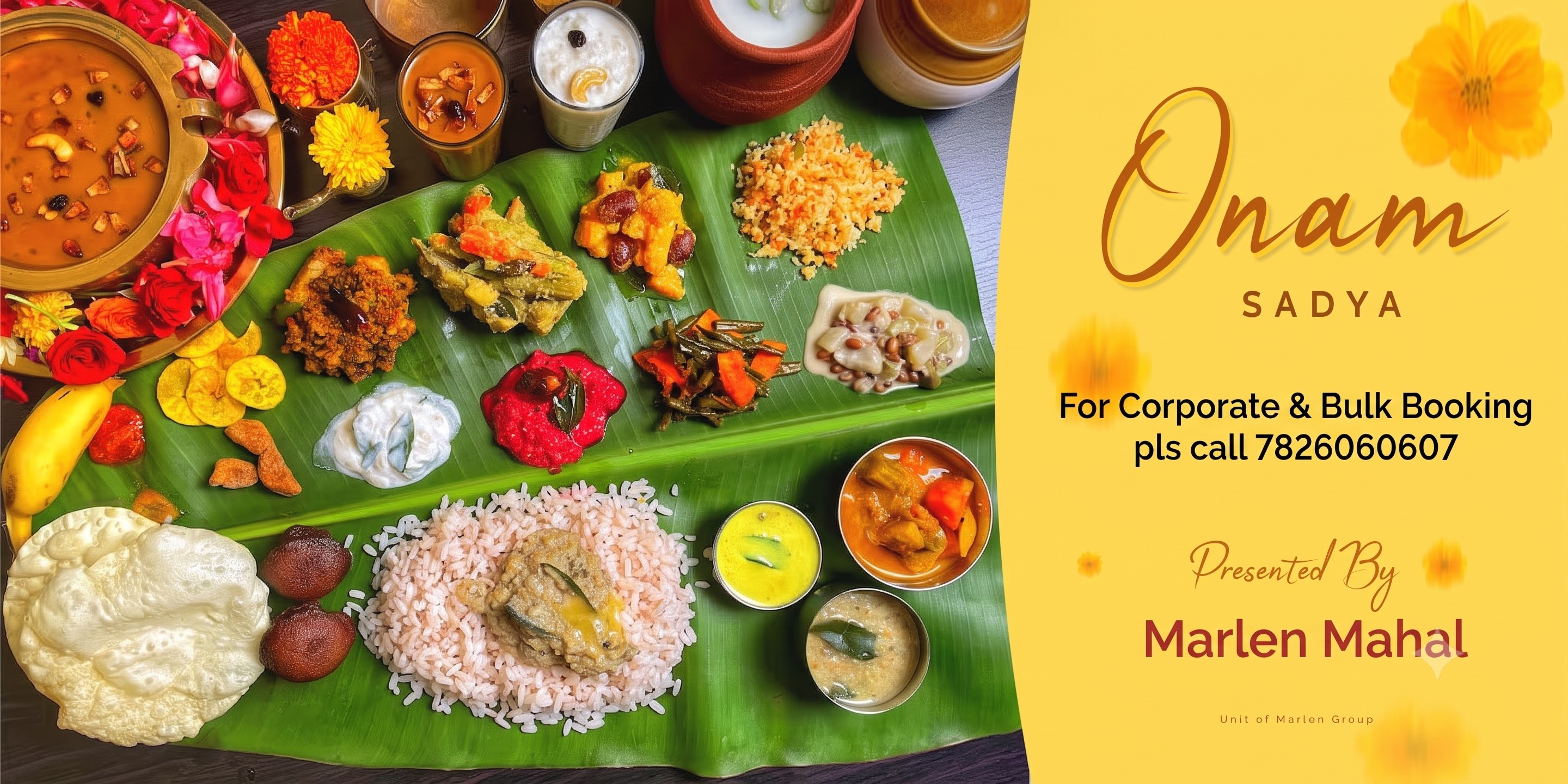 MarlenMahal Facebook ad: Onam Sadya @ Marlen Mahal on Aug 26 | 12 noon onwards