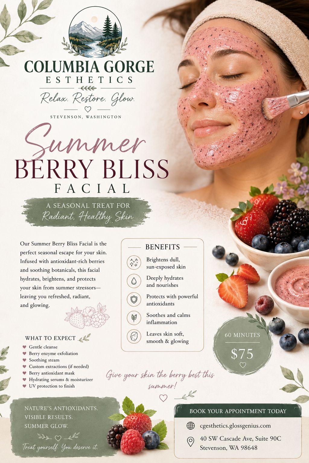 Columbia Gorge Esthetics Facebook ad: Reserve your appointment for the Summer Berry Bliss…
