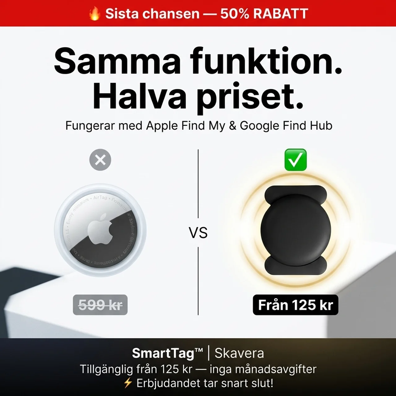 Skavera Facebook ad: Det smarta alternativet till AirTag, 50% rabatt idag