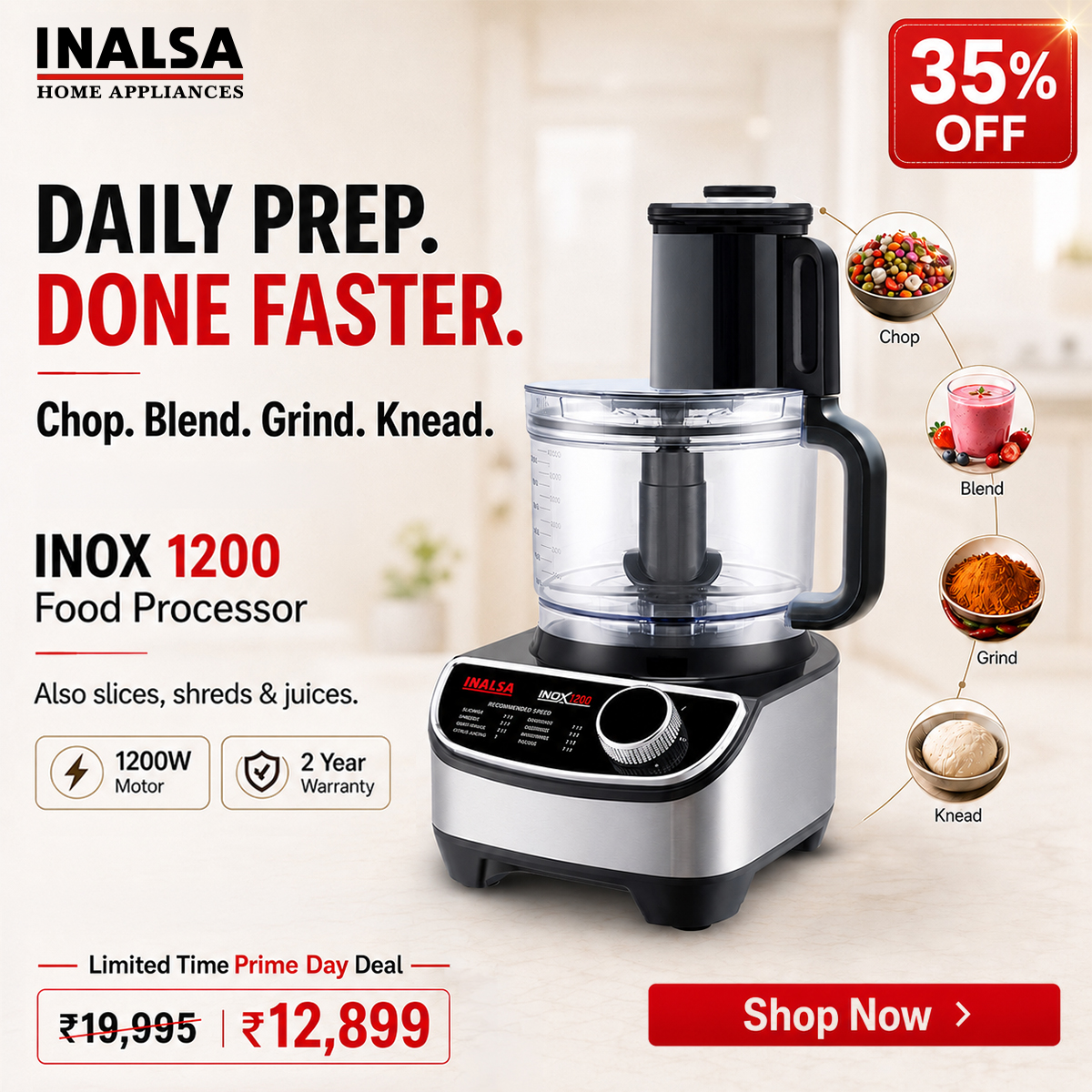 Inalsa Home Appliances Facebook ad: Chop. Blend. Grind. Knead.