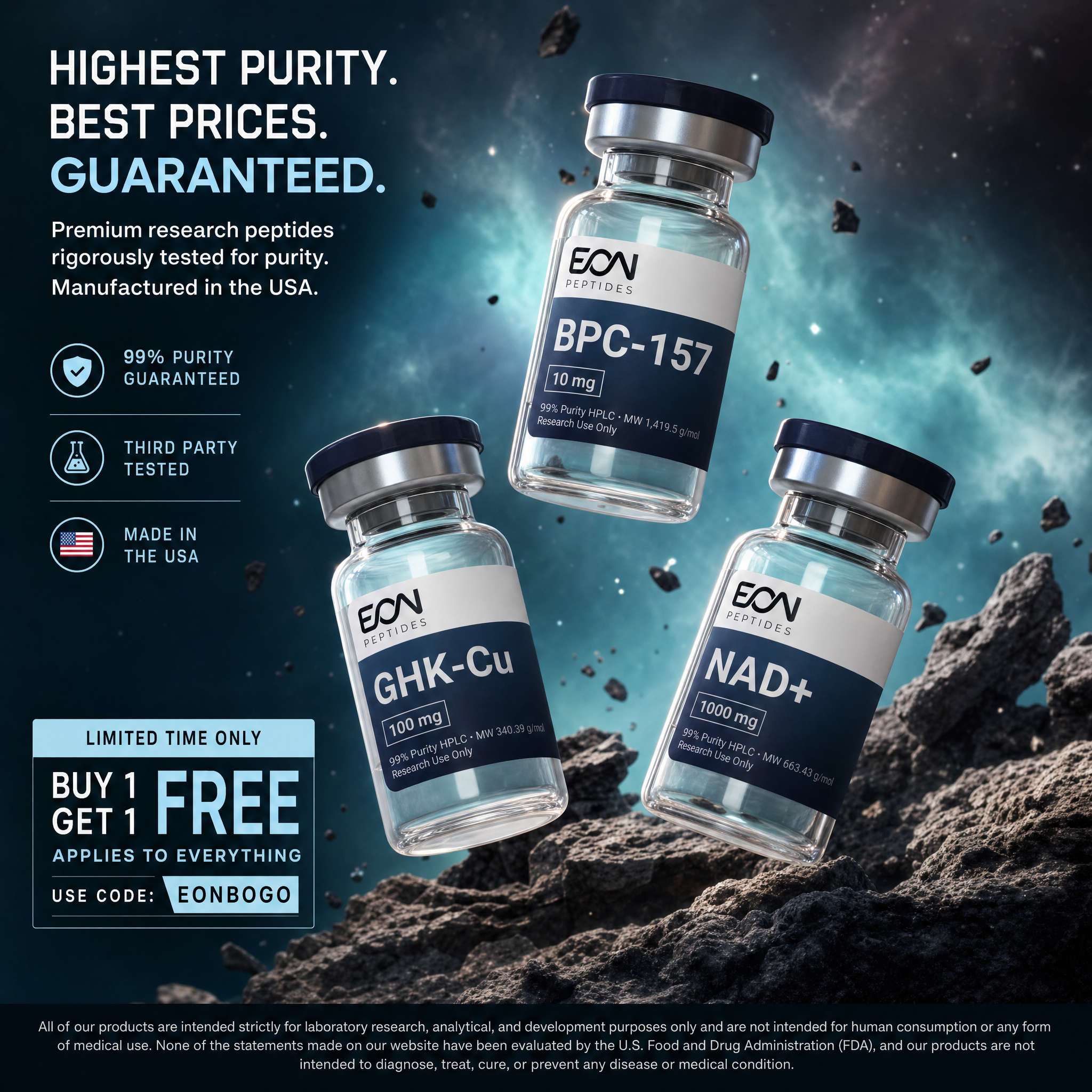 Eon Peptides Facebook ad: Buy 1 Get 1 Free - Made in the USA