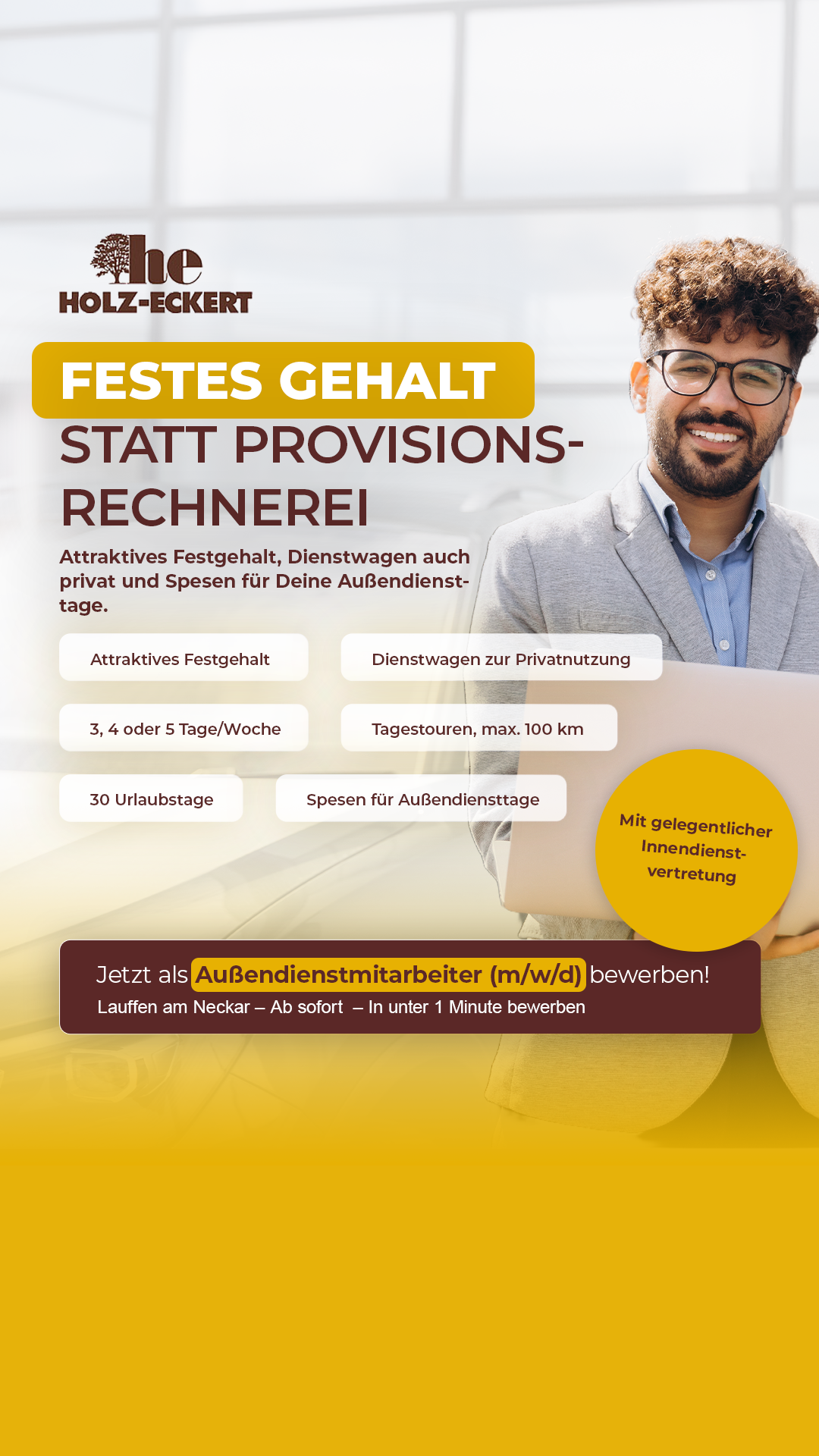 Holz-Eckert Facebook ad: Bewirb Dich in unter 1 Minute!