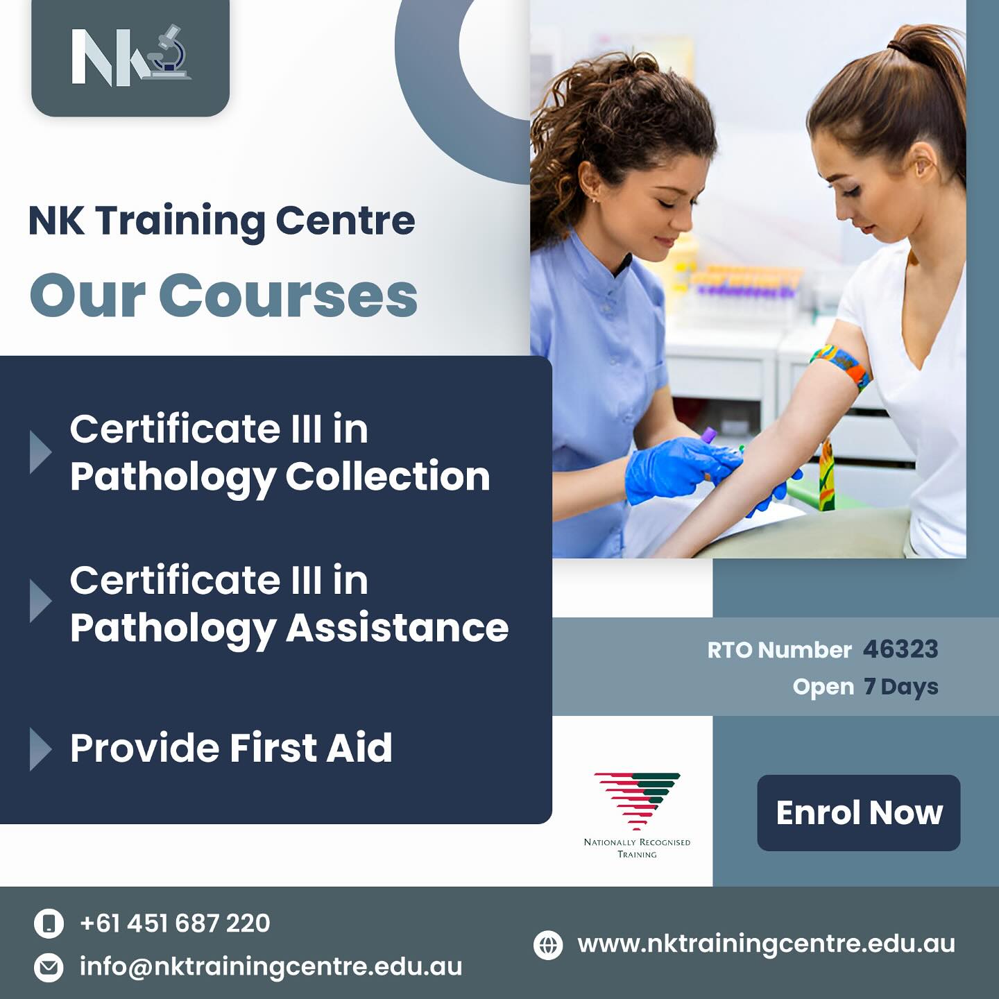 NK Training Centre- RTO 46323 Facebook ad: Certificate III in Pathology Collection