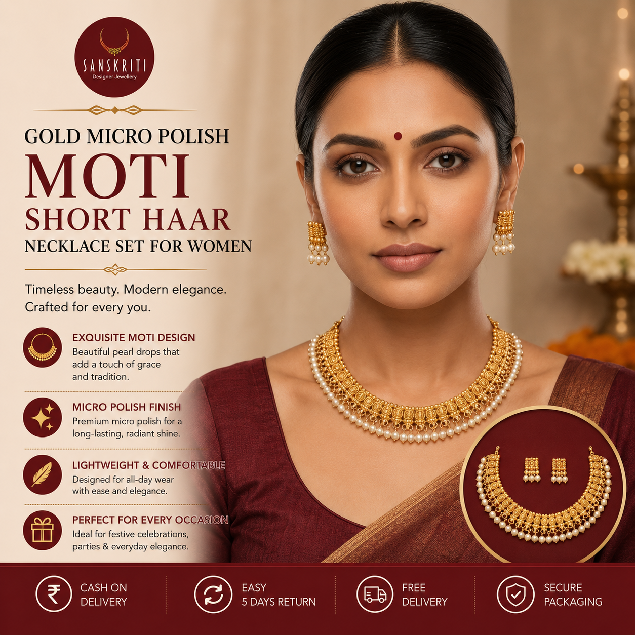 Sanskriti Designer Jewellery Facebook ad: Buy Gold Micro Polish Moti Short Haar Necklace Set!