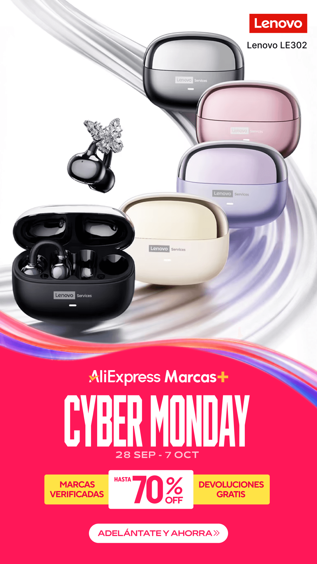 AliExpress Facebook ad: Audífonos Lenovo hasta 70% OFF