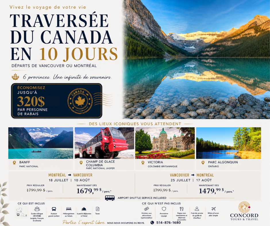 ConcordTours Facebook ad: Traversée du Canada 10 Jours (Départ de Montréal)