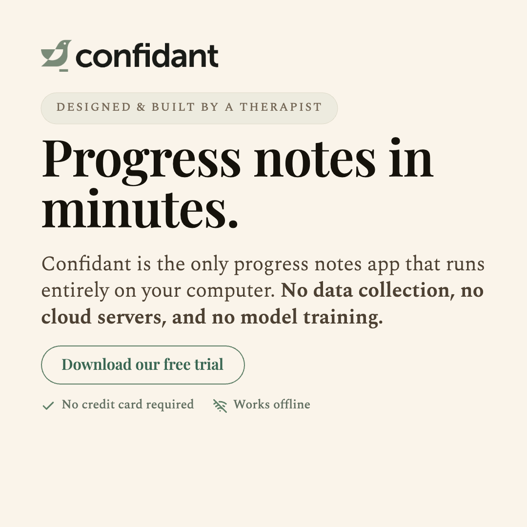 Confidant Notes Facebook ad: Local AI Therapy Progress Notes, Private, Offline, Buy…