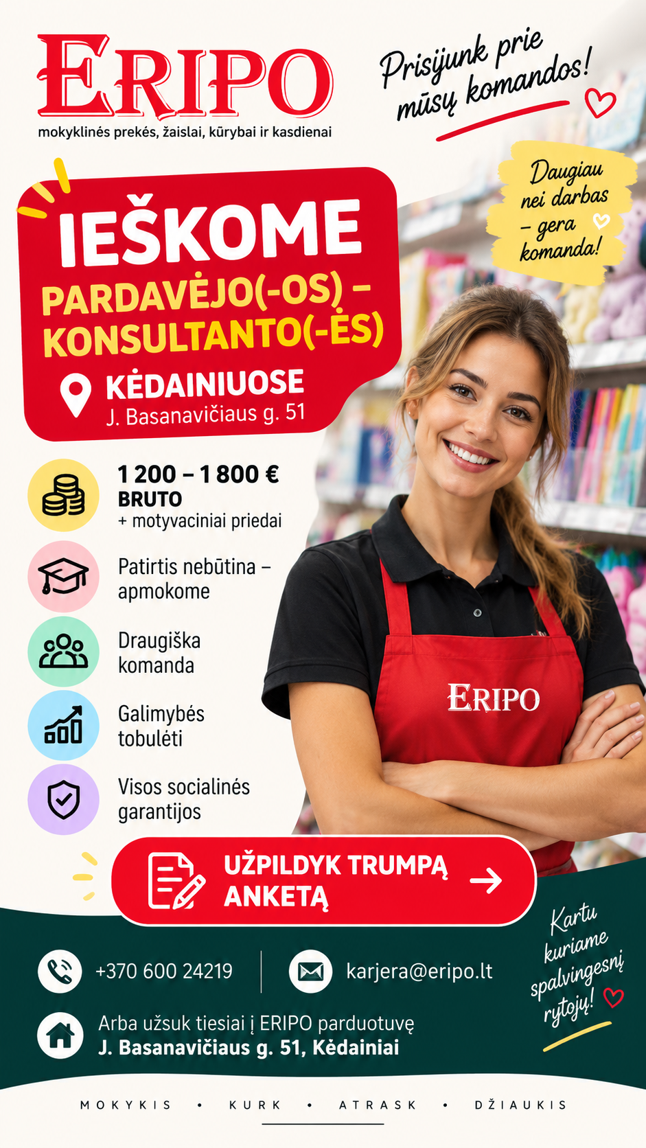 Eripo - mokyklinės prekės, žaislai Facebook ad: Pardavėjas (-a) Kėdainiuose 1200-1800 €