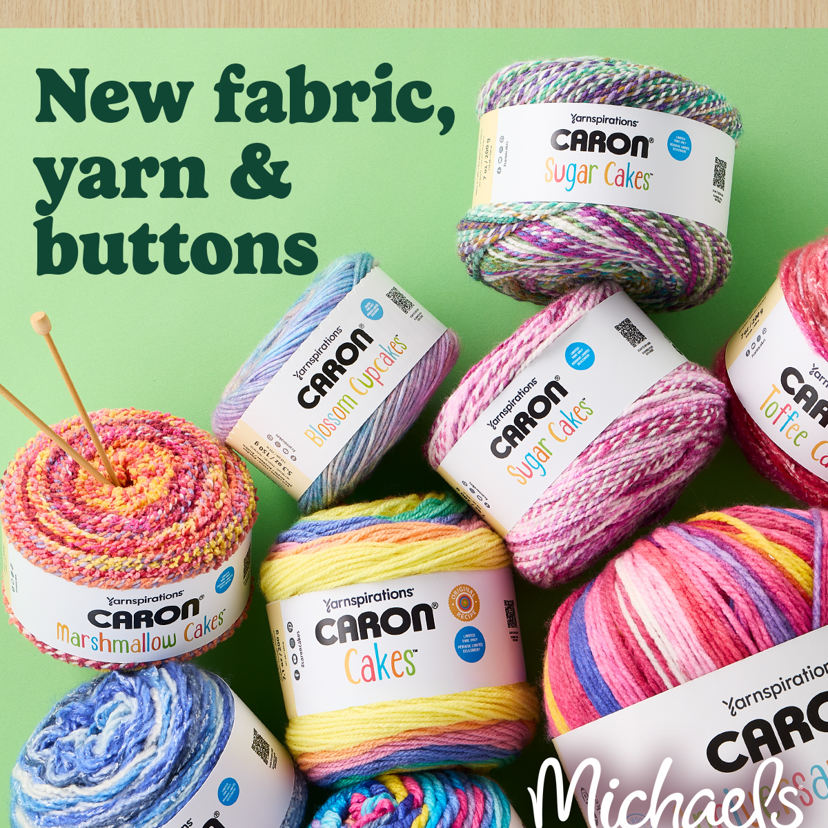 Michaels Stores Facebook ad: New fabric, yarn & buttons