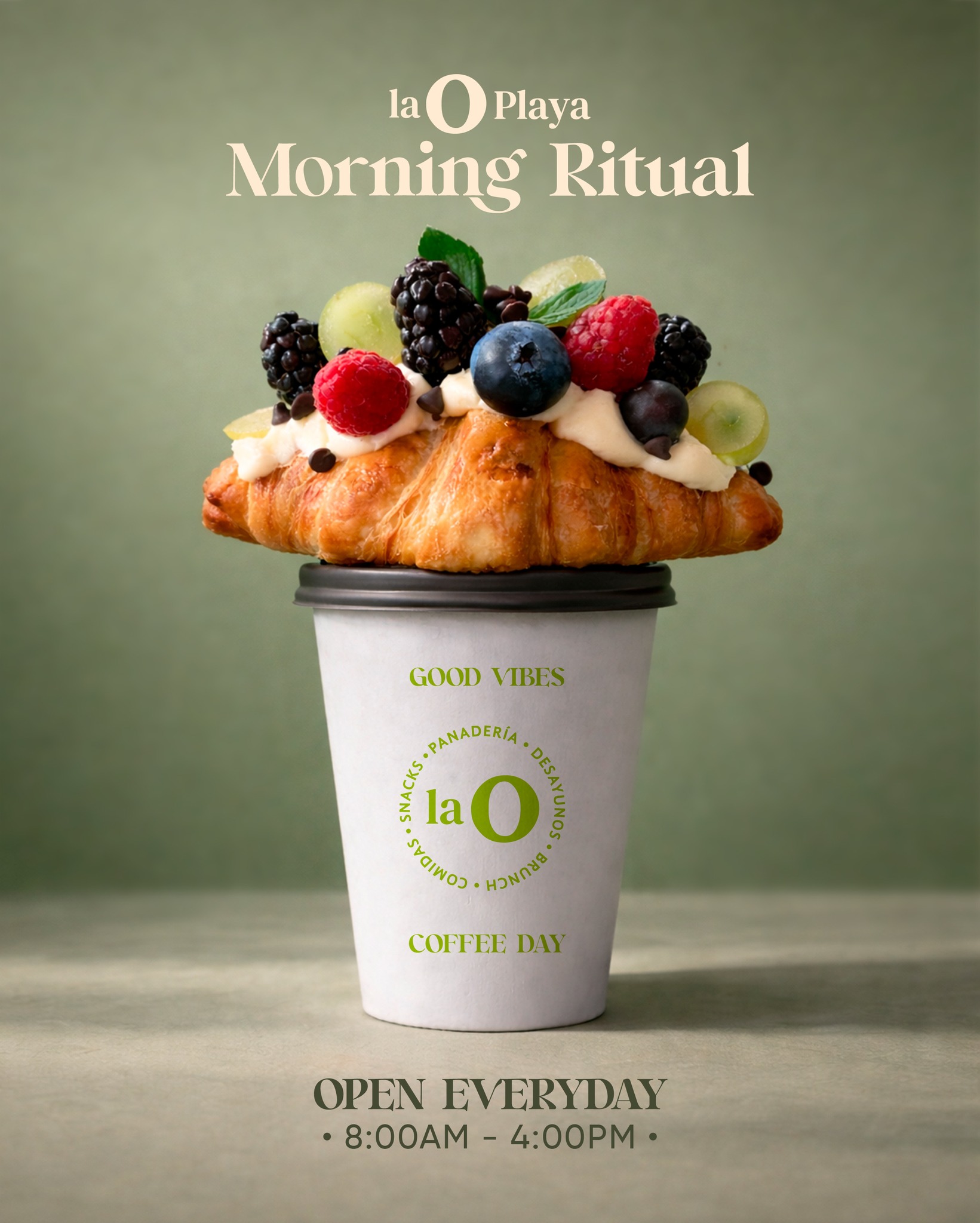 La O Playa del Carmen Facebook ad: Morning ritual essentials: coffee & temptation croissant.