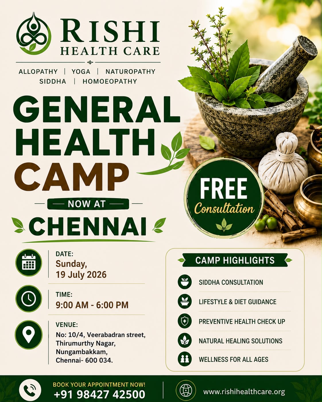 Rishi Health Care Facebook ad: FREE General Health Camp in Chennai | Book Your Consultation