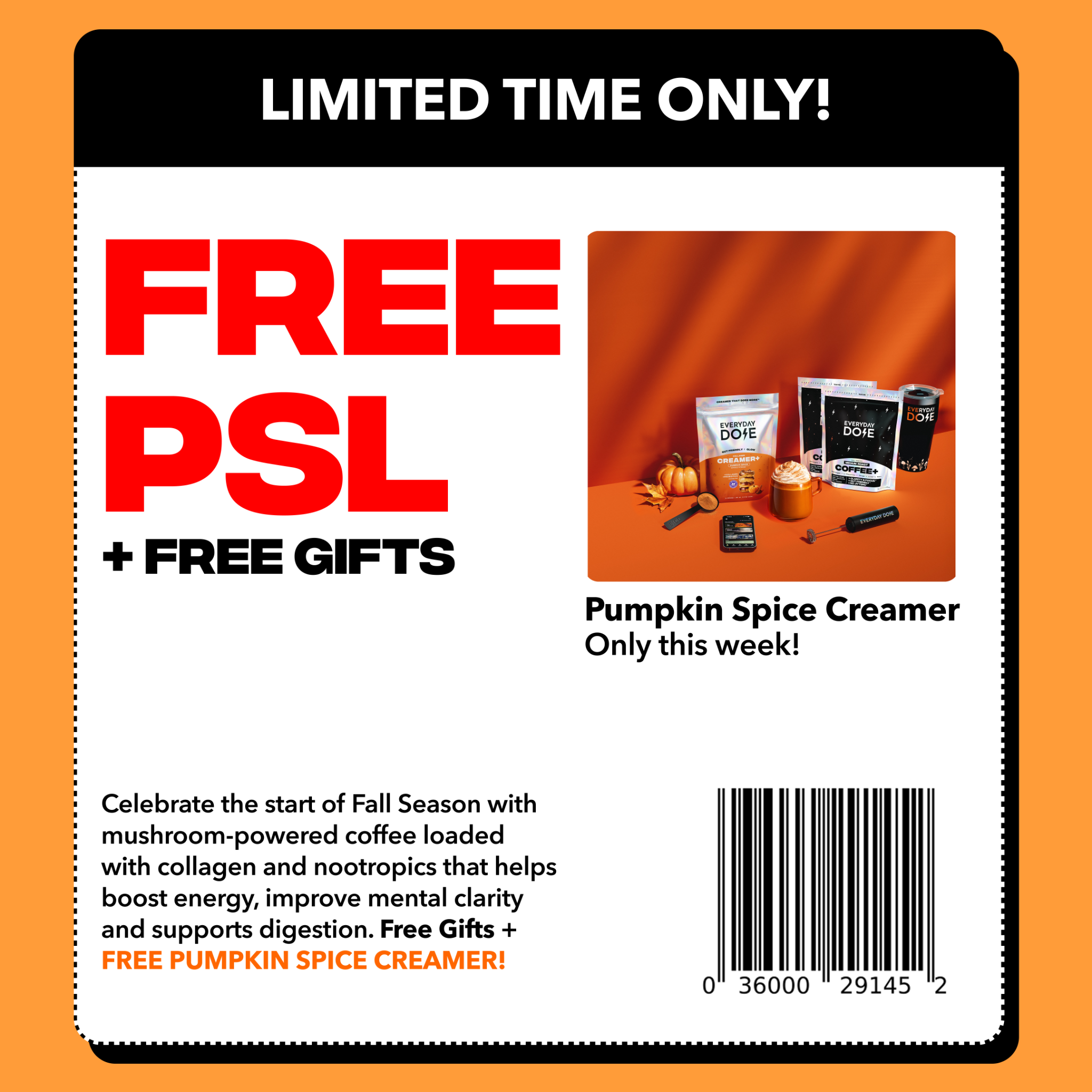 Everyday Dose Facebook ad: 65% OFF + FREE Pumpkin Spice