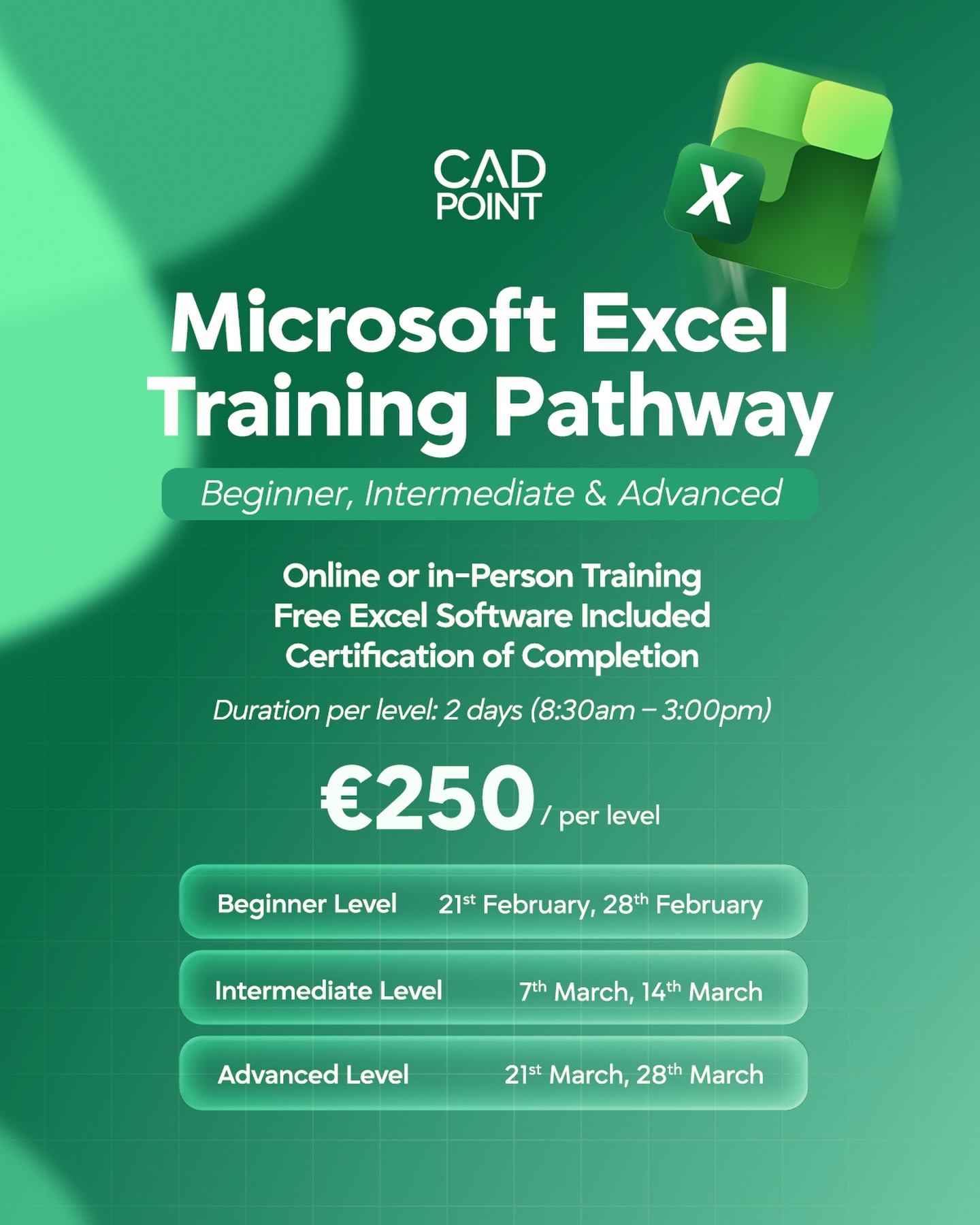 CAD Point Training Malta Facebook ad: Master Microsoft Excel at your level.