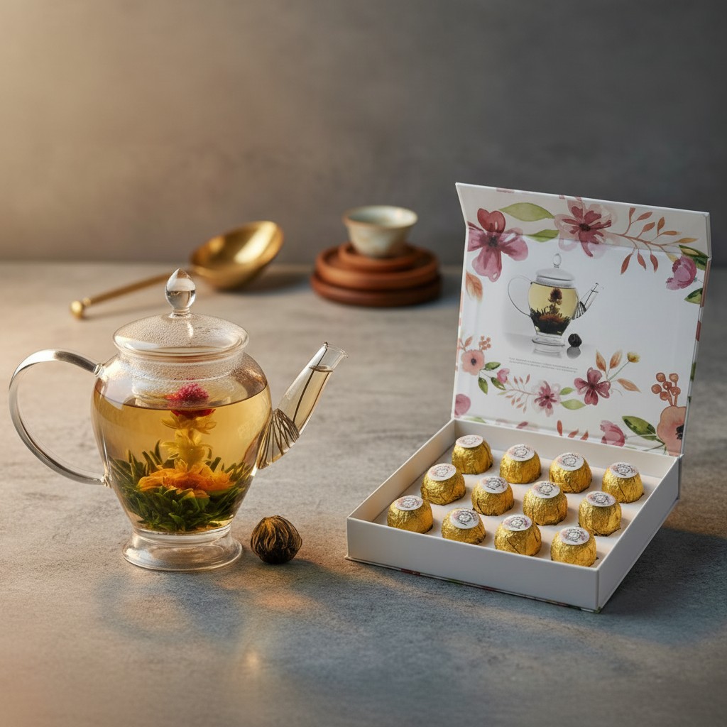 Tea Blossoms Facebook ad: Blooming Tea Gift Set - Sampler of 12 Blooming Balls in 4…