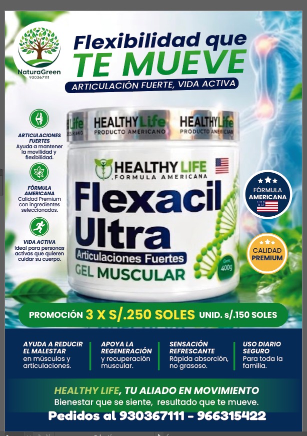 NaturaGreen Facebook ad: NUEVO GEL MUSCULAR FLEXACIL ULTRA
