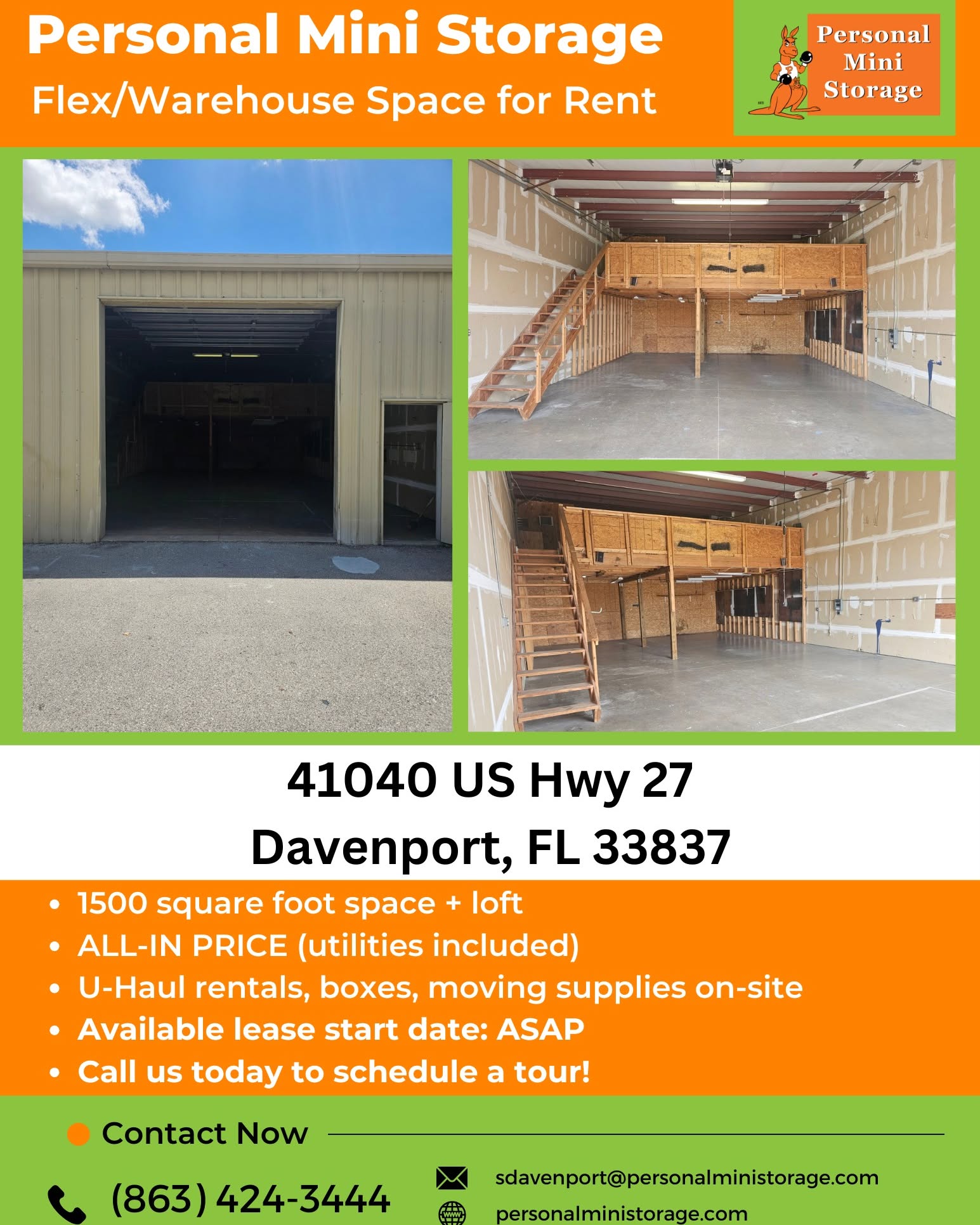 Jake Smith Facebook ad: 1500SF Flex Warehouse Space for Rent!
