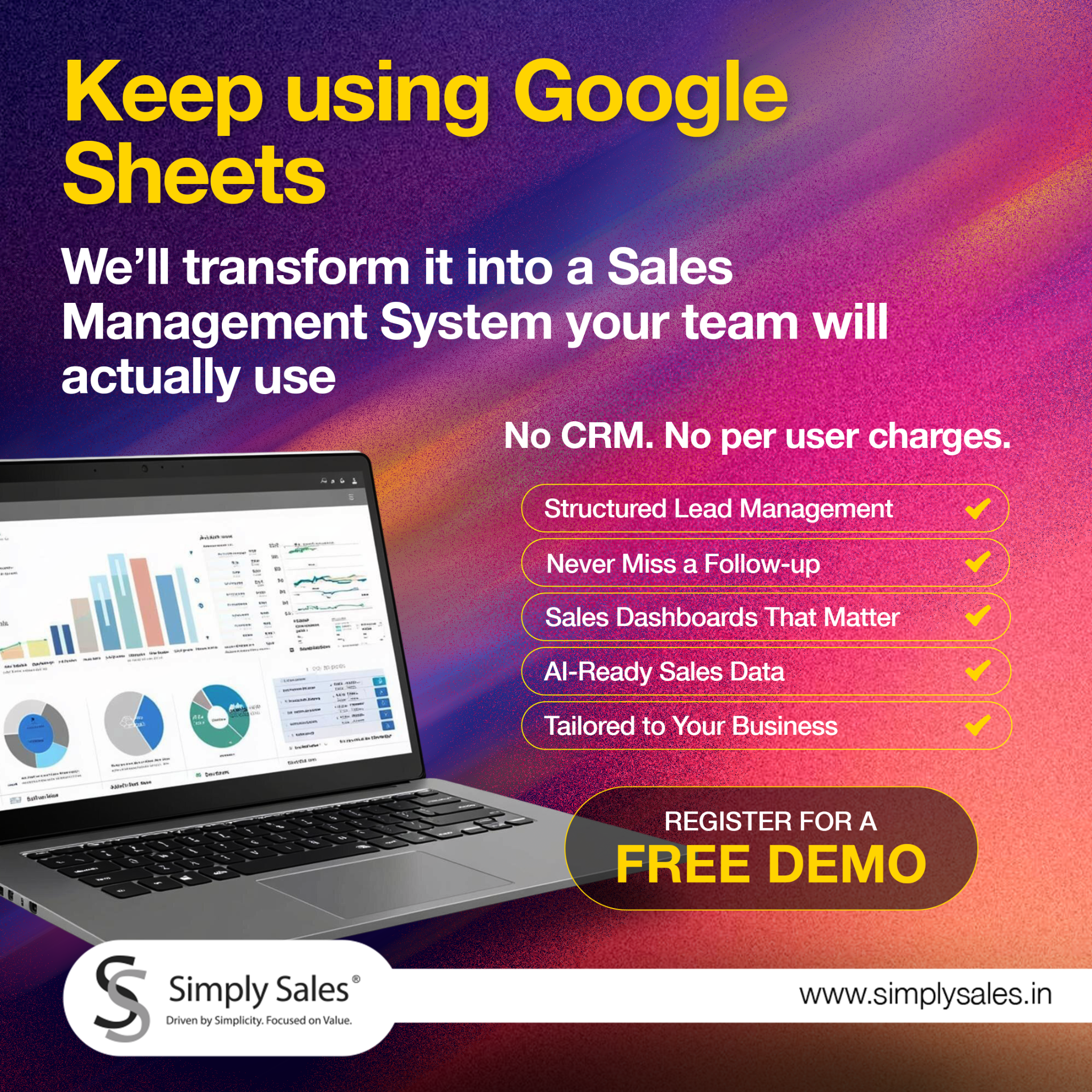 Simply Sales Facebook ad: Keep Using Google Sheets. Upgrade the Way You Manage Sales.