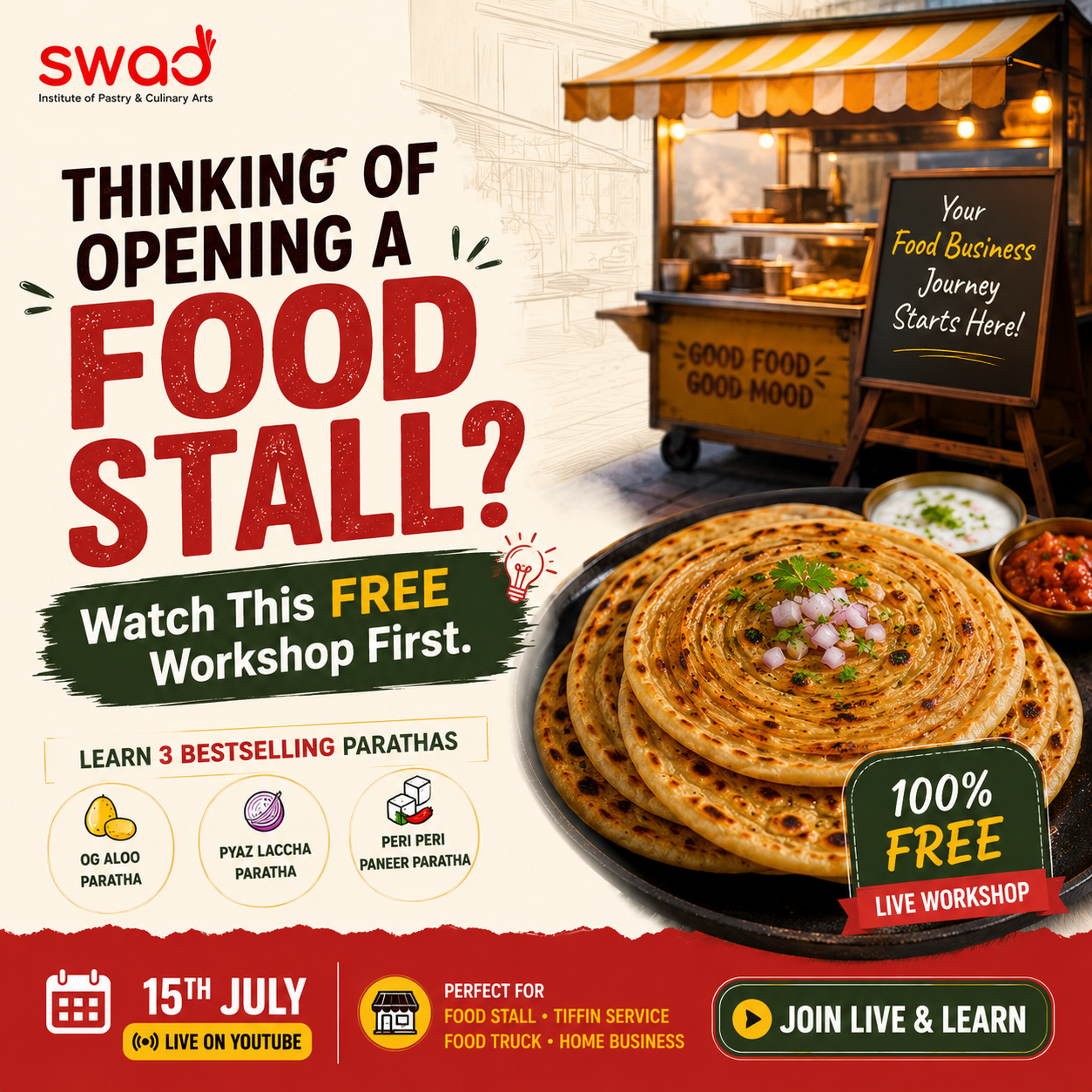 Swad Cooking Institute, Surat Facebook ad: 𝐅𝐑𝐄𝐄 𝐋𝐈𝐕𝐄 𝐏𝐚𝐫𝐚𝐭𝐡𝐚 𝐖𝐨𝐫𝐤𝐬𝐡𝐨𝐩