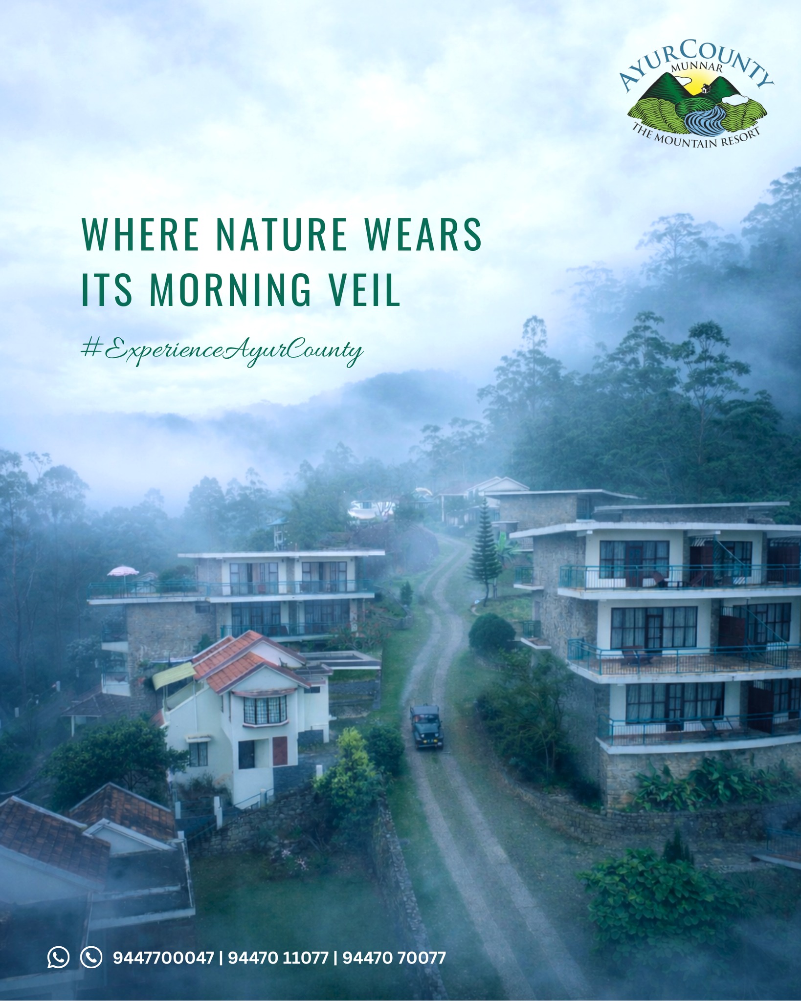 Ayur County Resorts Munnar Facebook ad: Morning whispers and misty views.