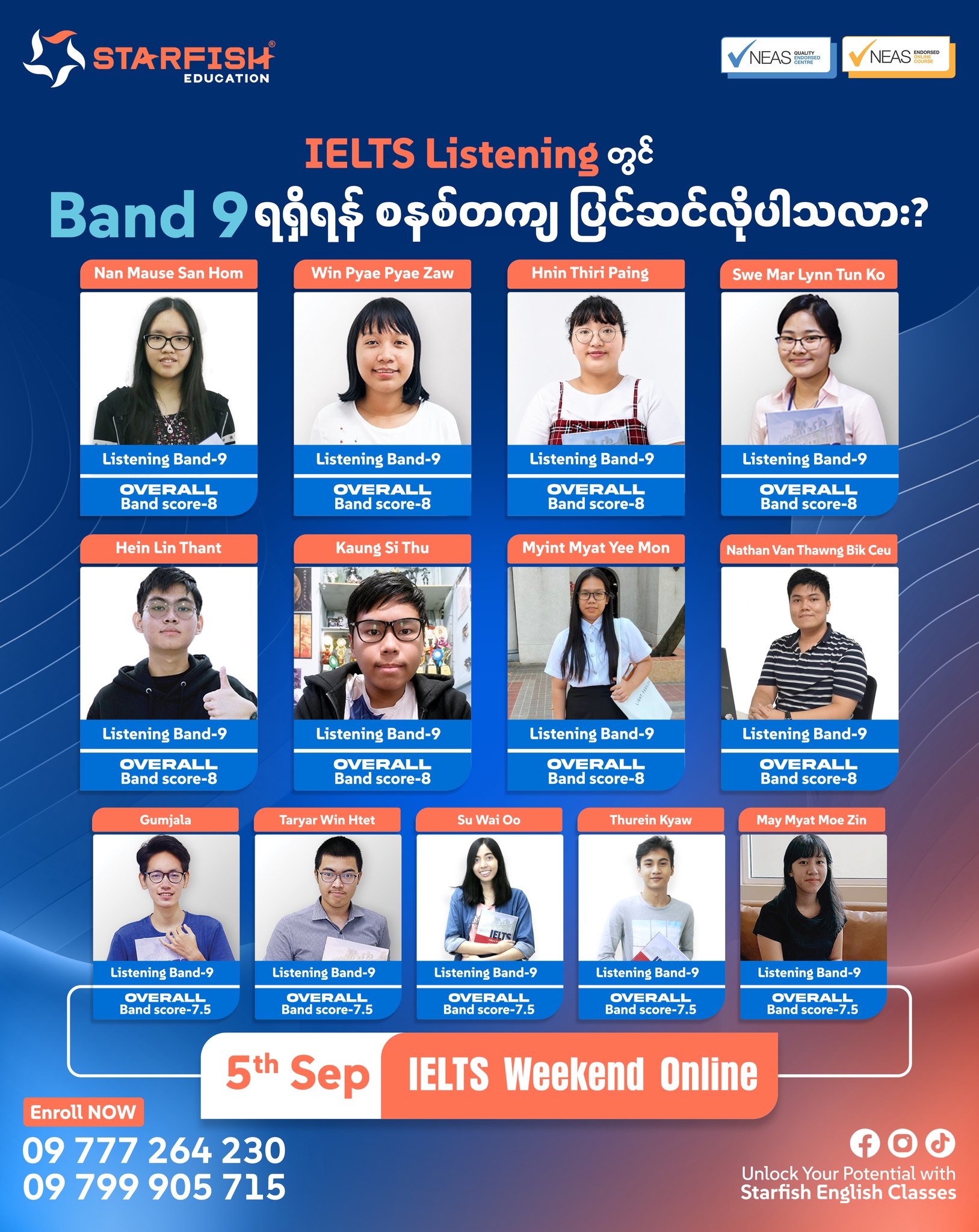 Starfish Education Facebook ad: IELTS Listening မှာ Band 9 ရဖို့ စနစ်တကျ ပြင်ဆင်လိုပါသလား