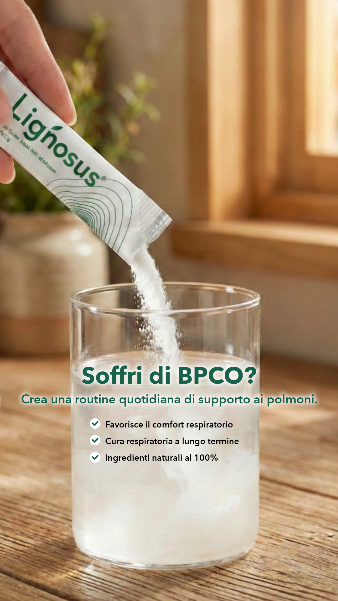 Lignosus Europe Facebook ad: Supporto respiratorio quotidiano per la BPCO.