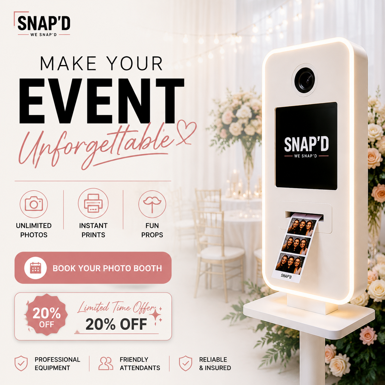 Snap’d - Photo-Booth Rental Facebook ad: Book This Week, Save 20%