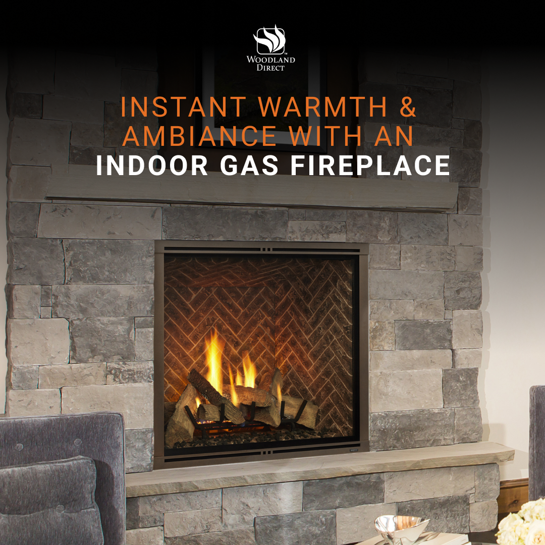 Woodland Direct Facebook ad: Instant Warmth & Ambiance With An Indoor Gas Fireplace