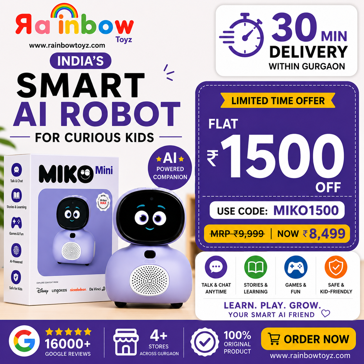 Rainbow Toys Gurgaon Facebook ad: Miko Mini AI Robot, Flat ₹1,500 OFF
