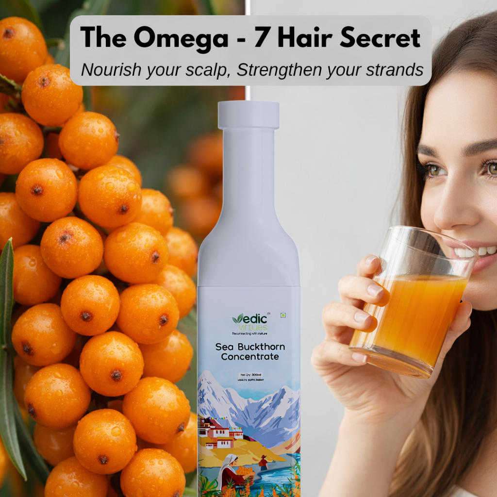 Vedic Virtues Facebook ad: Healthy hair starts from within.