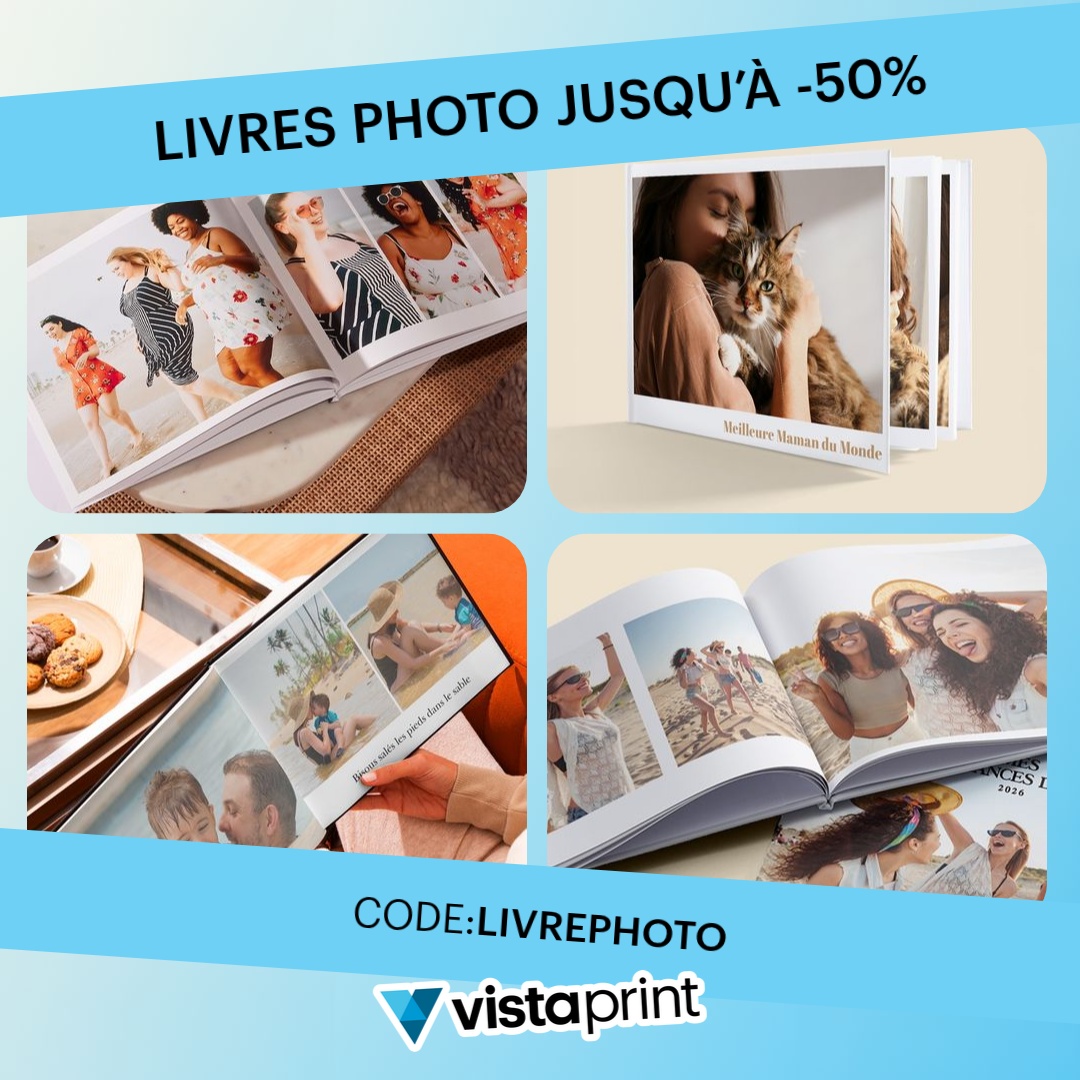 VistaPrint Facebook ad: Créez des livres photo de qualité.