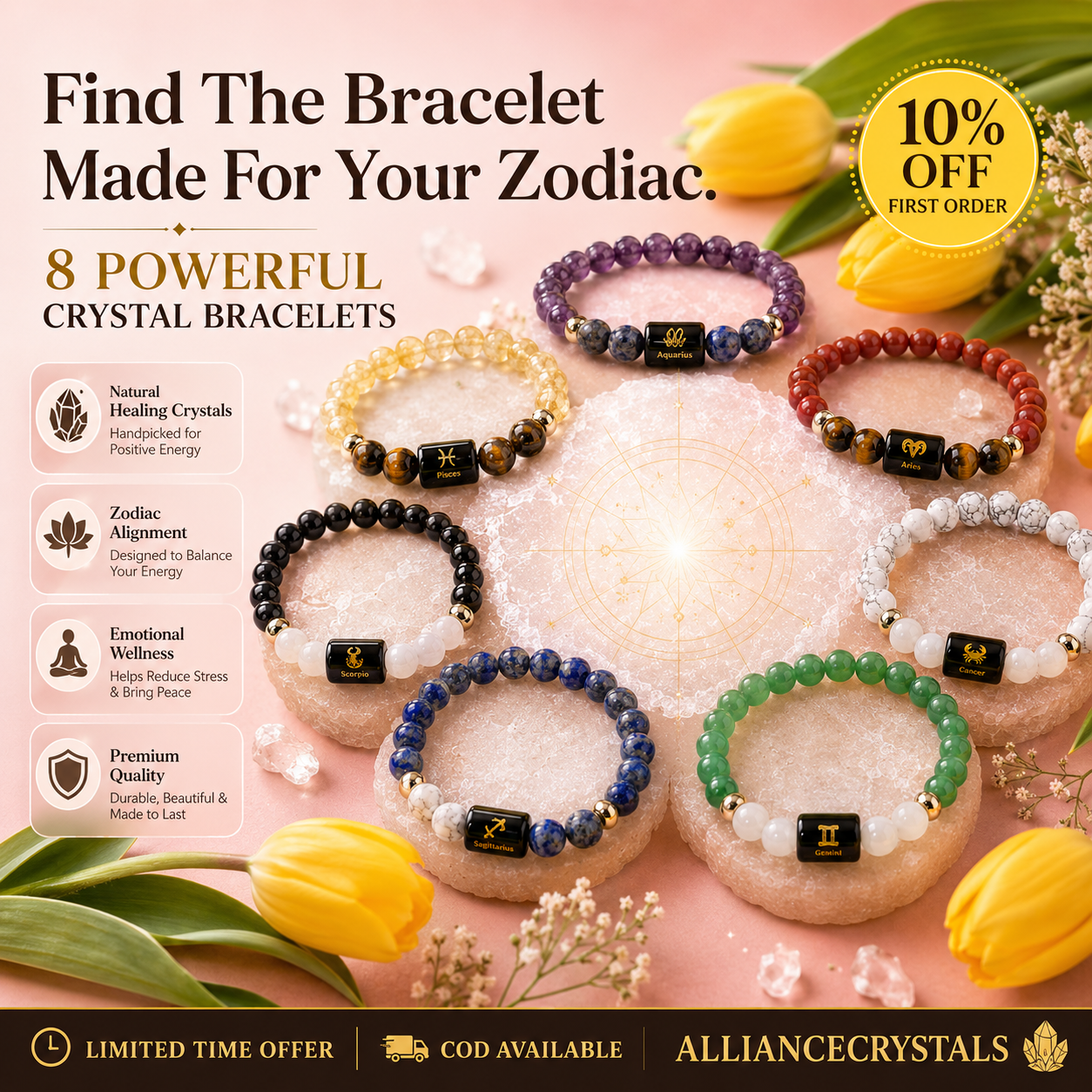Alliancecrystals Store Facebook ad: Zodiac Crystal Bracelets, 10% OFF