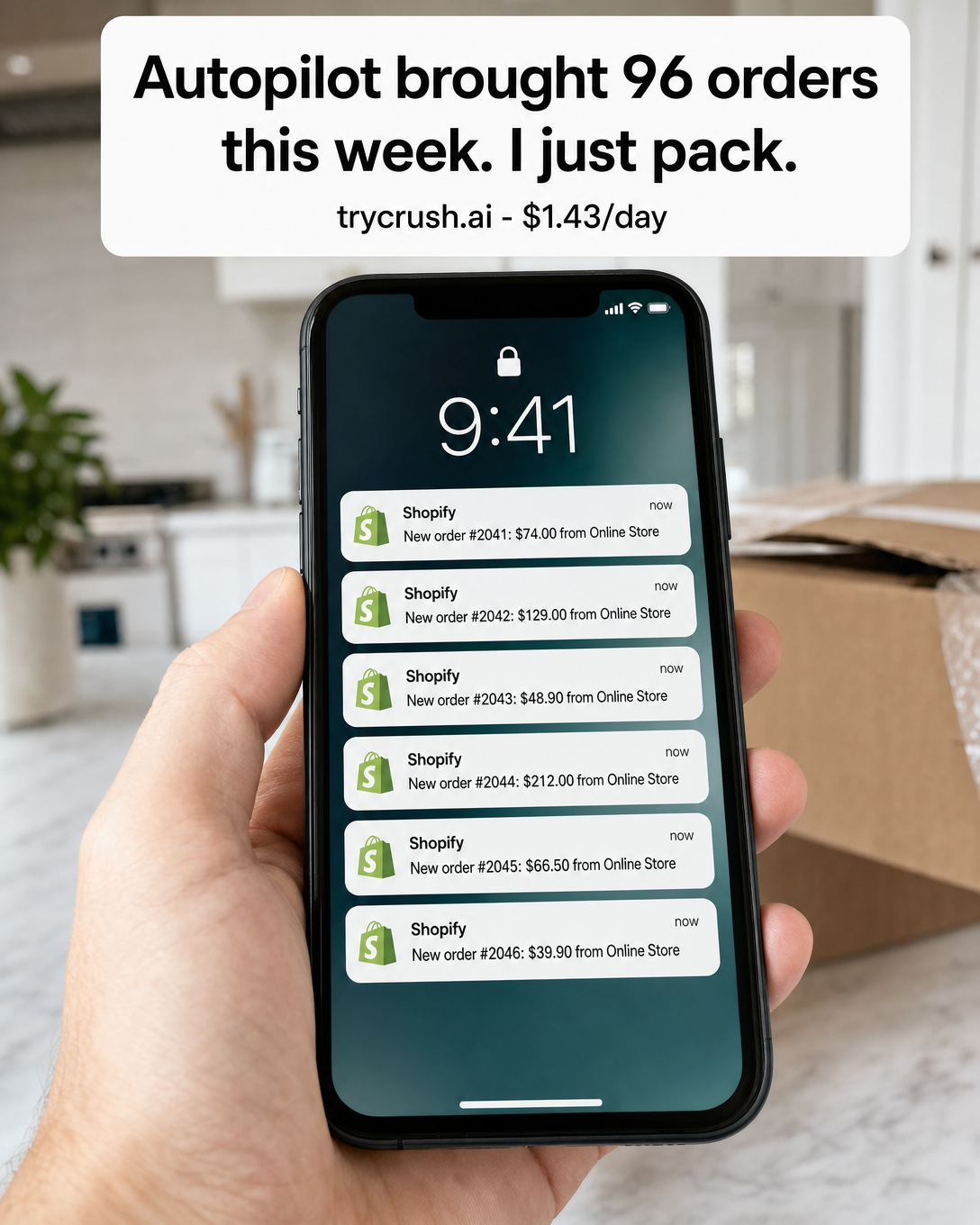 trycrush.ai Facebook ad: Autopilot brought 96 orders this week