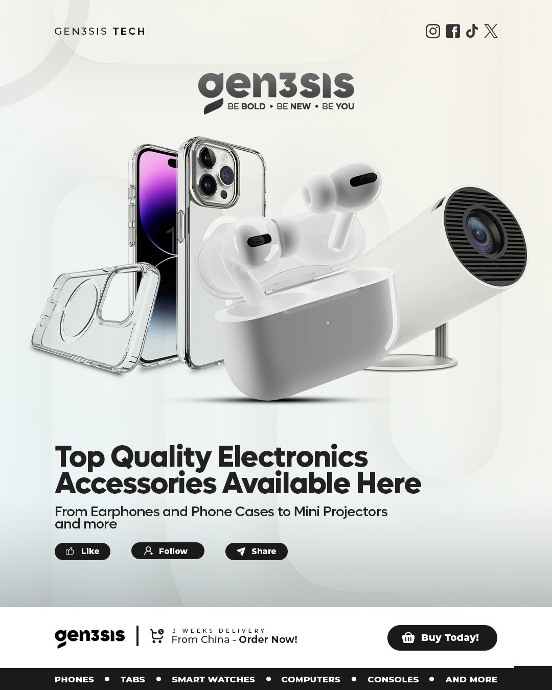 Gen3sis Facebook ad: Top-Quality Tech Accessories, Online & In-Store!