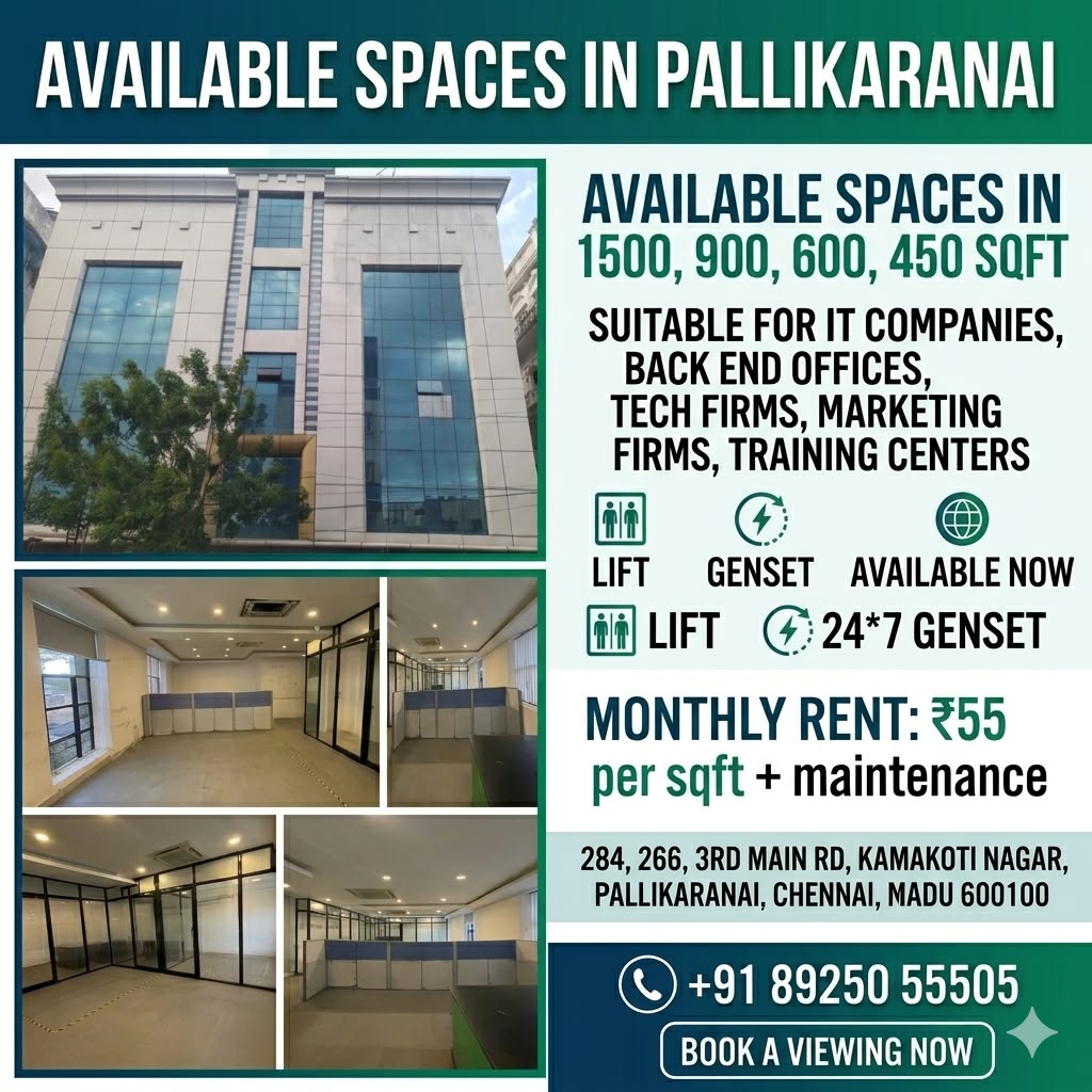 GetEstates India Facebook ad: Office spaces in Pallikaranai. Available Now.