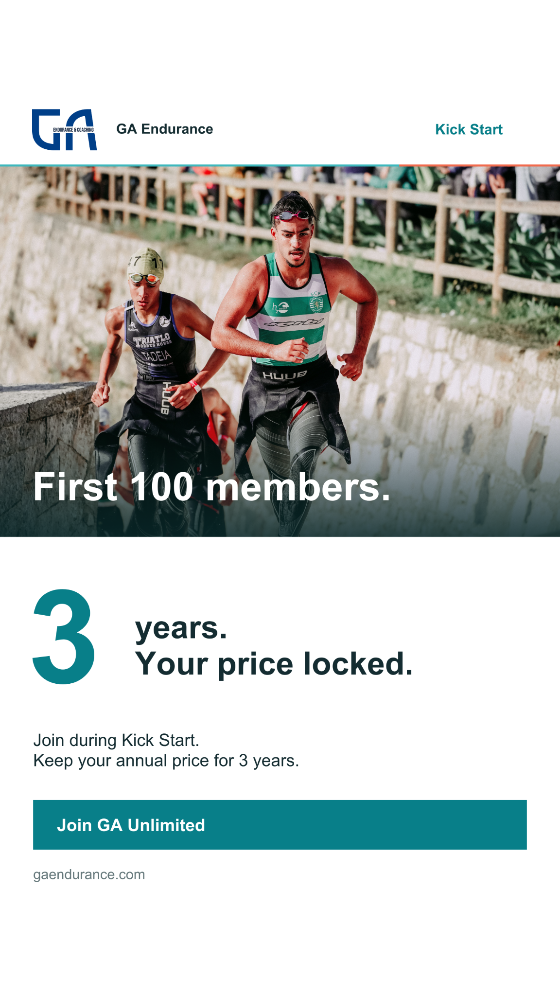 GA Endurance Coaching Facebook ad: First 100 Members. 3-Year Price Lock.